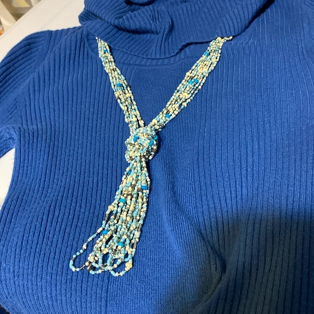Multi-strand long glass, beaded necklace 48 inch blues cream, silver bla…